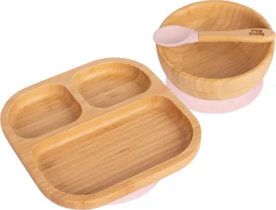 Produktbild von 3pc Pastellrosa Kinder Bambus Geteilt Teller, Schüssel & Löffel-Set mit Silikon-Saugnapf - Segmentiertes Design Baby & Kleinkind Entwöhnung Geschirr - Umweltfreundlich & Biologisch Abbaubar - Von Tiny Dining