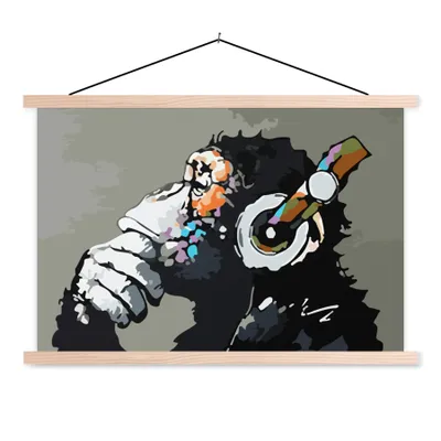 Produktbild von MuchoWow® Textilposter Gemälde - Ölgemälde - Affe - Kopfhörer 120x80 cm mit holzfarbenen Rahmen - Aufhängeset