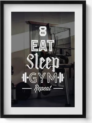 Produktbild von Motivationszeichen „Eat sleep gym repeat“– Wandbild mit Rahmen – Gerahmtes Bild  – Wanddekoration – 50x70 cm –  Schwarz Rahmen