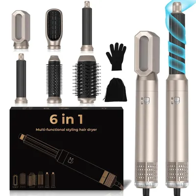 Productafbeelding van 6-in-1 Hairstyler Pro met krultang, föhn, borstel föhn, thermo borstel, stijltang en airbrush multifunctionele styling set, goud