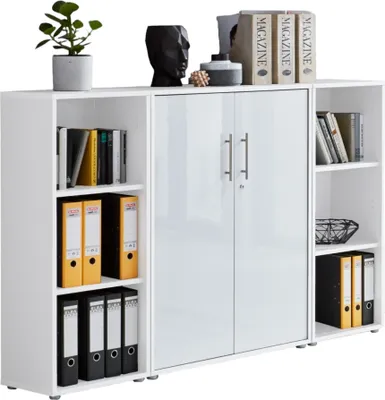Produktbild von Aktenschrank TABOR 2 in weiß / weiß Hochglanz, Schrankwand, Büroschrank, abschließbar, Metallgriffe