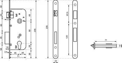 Image de Boitier de serrure encastrable à cylindre pour porte d'entrée, axe 50mm, entraxe 90mm, bouts ronds, bronze - THIRARD