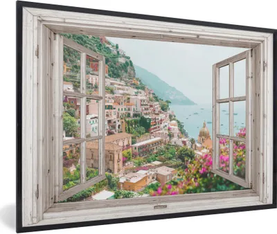Produktbild von MuchoWow® Gerahmtes Poster Ausblick - Italien - Blumen - Meer - Küste - Stadt - Berge 30x20 cm - Poster mit Schwarzem Bilderrahmen Wandposter Rahmen Foto Bilder - Kunstdruck - Bild-Poster