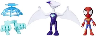 A Spider-Man toy set with a dinosaur figure and accessories, displayed on a white background.