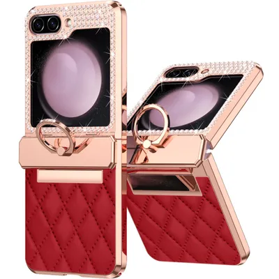 Immagine prodotto di Custodia in pelle per Samsung Galaxy Z Flip 5 con supporto ad anello, custodia protettiva lucida con protezione a cerniera rossa