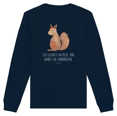 Produktbild von Mr. & Mrs. Panda Nachhaltiger Pullover Einhorn Glauben Größe L - French Navy - Geschenk, Eichhörnchen, Eichhorn, Einhörnchen, Baumwoll, Sweatshirt, Einhörner, Pulli