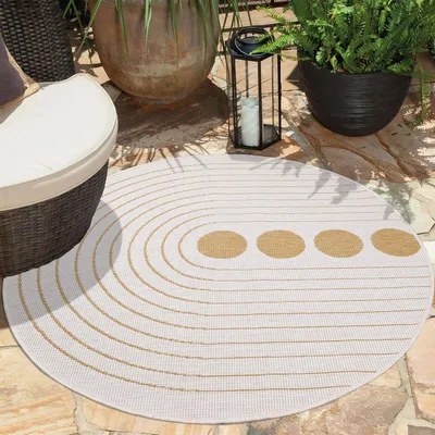 Produktbild von Teppich Outdoor Wetterfest - Ockergelb, Creme - Wendeteppich - 160 cm Rund - Kreis-Muster