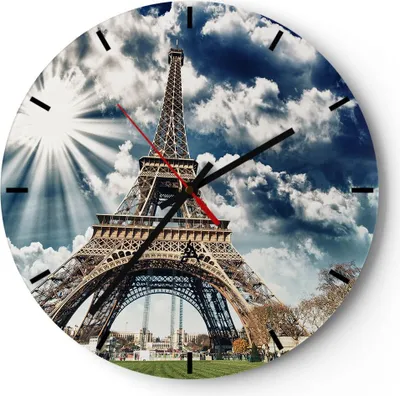 Produktbild von Wanduhr - Rund - Glasuhr - Architektur gebäude stadt eiffel - 40x40cm - Schleichendes Uhrwerk - Lautlos - zum Aufhängen bereit - Dekoration Modern - Wanddekoration aus Glas - C3AR40x40-2435