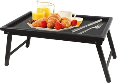Produktbild von Betttablett Serviertablett Tabletttisch mit klappbaren Beinen - Sofatisch Frühstückstablett fürs Bett 60x30x23cm, Bambus (Schwarz)