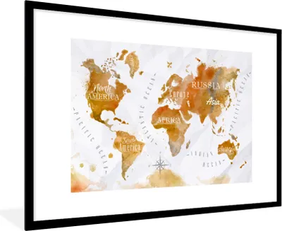Produktbild von MuchoWow® MuchoWow® Gerahmtes Poster Weltkarte - Braun - Farbe 90x60 cm - Poster mit zchwarzem Bilderrahmen - Wanddekoration - Fotos
