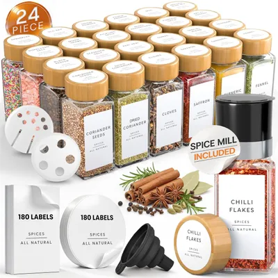 Imagen del producto de Omgoods - Juego de 24 frascos de vidrio para hierbas, con tapas de bambú y etiquetas