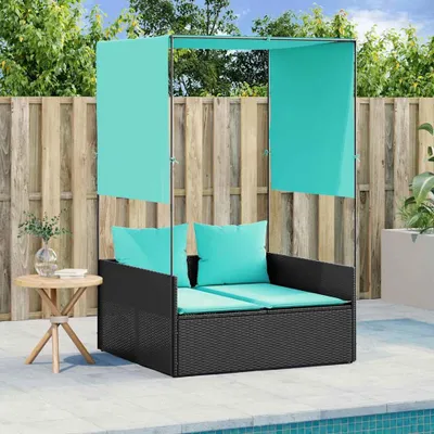 Produktbild von Möbel Doppelte Sonnenliege mit Dach und Vorhängen, schwarzes Polyrattan - Gartenliegen &48672