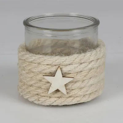 Produktbild von Teelichthalter mit Dekoschnur und Holzstern Kerzenhalter Teelicht Glas