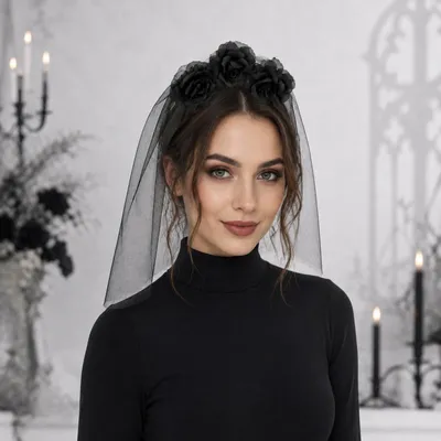 Produktbild von Horror-Haarreif mit Rosen und schwarzem Schleier – Halloween Accessoire