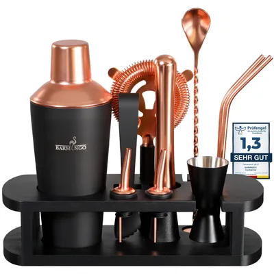 Produktbild von BARMINGO® Edelstahl Cocktail Set 11tlg. – 700ml Cocktail Shaker mit Ständer & Bar Zubehör, Cocktailshaker Set, Barkeeper Set, Barset, Schwarz-Rosegold