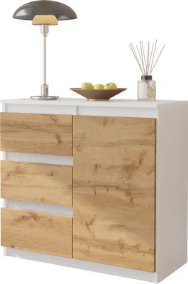 Obrázek produktu pro FURNICA - MIKEL - Komoda / příborník se 3 zásuvkami a 1 dvířky - bílý mat / dub Wotan V75cm Š80cm H35cm
