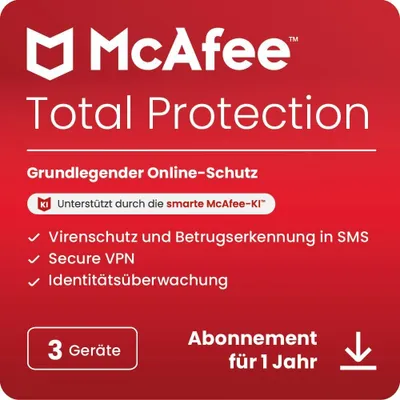 Produktbild von McAfee Total Protection | 3 Geräte | 1 Jahr | Vollversion | Windows/Mac/Android/iOS | Download-Version