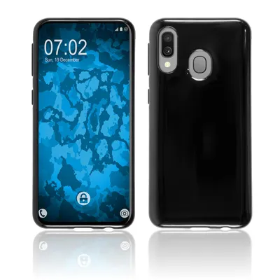 A black phone case is shown from the front and back, with a smartphone inside the front view.