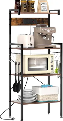 Produktbild von Küchenregal - Mikrowellenregal/Bäckerregal - 4 Ebenen - Mit Steckdosen - 8 S-Haken - Freistehend - Braun