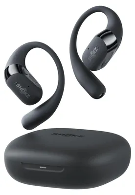 A pair of black wireless earbuds and their charging case are displayed against a white background.
