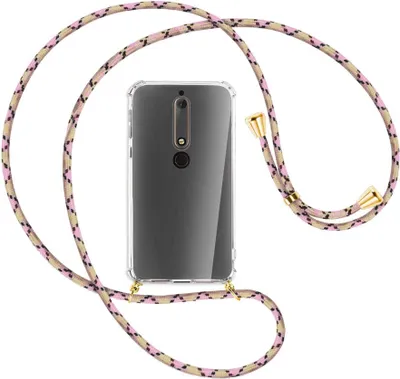 Produktbild von Handykette Backcover-Schutzhülle mit Band (Metall goldfarben) für Nokia 6.1 - rosa Karo