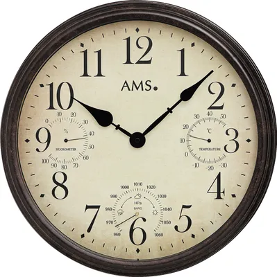 Produktbild von AMS 9463 Wanduhr Quarz analog rund vintage antik retro mit Thermometer