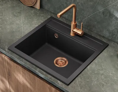 Produktbild von Helika® Granitspüle QUADRO 56 x 51 cm Schwarz inkl. Kupferventil und Siphon, Einbau