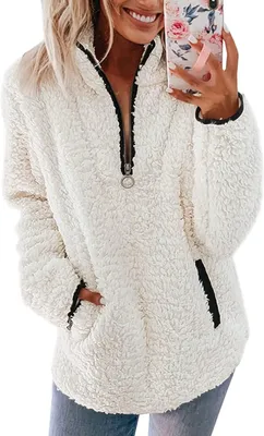 Productafbeelding van Fleecetrui dames - Teddyfleece pullover met capuchon en zakken - Knuffeltrui voor de winter