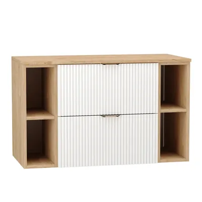 A white and wood vanity cabinet with two drawers and open shelving on the sides.