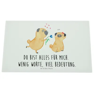 Produktbild von Mr. & Mrs. Panda Glas Schneideplatte Mops Verliebt - Weiß - Geschenk, Hund, Schneidebrett, Partner, Schneidplatte, Pure Liebe, Sprüche, Hackbrett, Glasschneidebrett