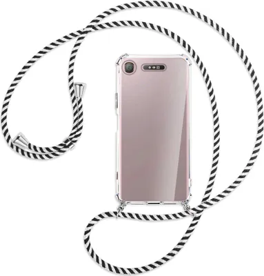 Produktbild von Handykette Backcover-Schutzhülle mit Band (Metall silberfarben) für Sony Xperia XZ1 - schwarz/weiß gestreift