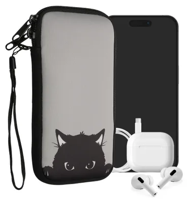 Produktbild von kwmobile Handytasche für Smartphones XL - 6,7/6,8" - Neopren Handy Tasche Hülle Cover Case Schutzhülle - Neugierige Katze Grau Schwarz - 17,2 x 8,4 cm