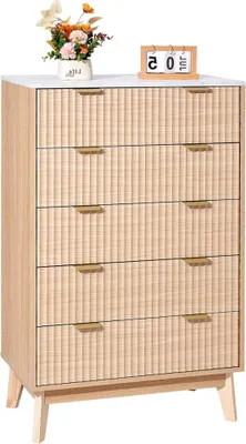 Image de Commode en bois avec 5 tiroirs cannelés - Commode antidérapante et anti-basculement - Commode à tiroirs élégante pour la maison