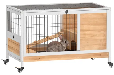 Produktbild von PawHut Kaninchenstall aus Holz Hasenstall mit 2 Etagen Klappdach Rädern