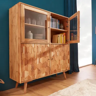 Obrázek produktu pro Masivní vitrína MYSTIC LIVING 140cm akáciové dřevo highboard přírodní skříň do obývacího pokoje vysoká skříňka