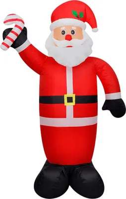 An inflatable Santa Claus holding a candy cane.