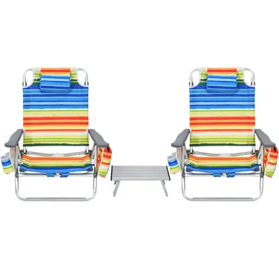 Produktbild von GOPLUS Strandstuhl, 2er Campingstuhl & Tisch Set mit Rückenlehne 5 stufig verstellbar, Kopfstütze & Armlehnen, Klappstuhl Faltstuhl leicht tragbar mit Schultergurten für Strand (Mehrfarbig)