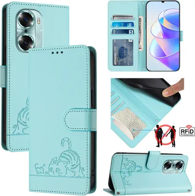 Produktbild von Leder Hülle für Honor 60 Süße Katze Flip Case Brieftasche Schutzhülle mit Standfunktion hellgrün