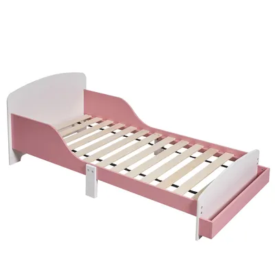 Produktbild von Kinderbett Weiß-Rosa mit Rausfallschutz & Lattenrost, Juniorbett für Kleinkinder, Gesamtmaße 150×77×60 cm, passend für Matratze 140×70 cm, ohne Matrat