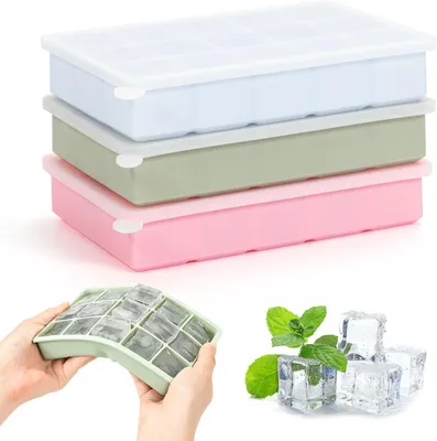 Image de Boîtes à glaçons avec couvercle - Lot de 3 - 15 compartiments - Moules à glaçons carrés en silicone avec couvercle - Sans BPA et réutilisables