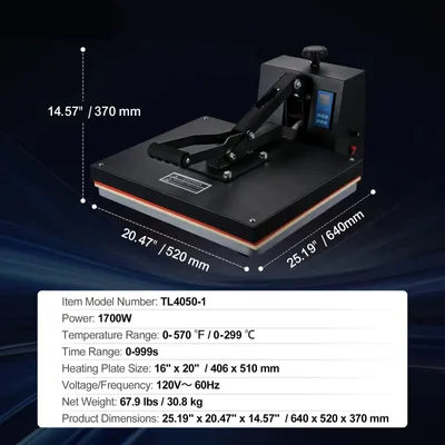 Image de Presse à chaud - Presse pour transfert thermique - Presse de sublimation - Presse textile - Grande surface de travail : 40,6 x 50,8 cm (16 x 20 pouces)