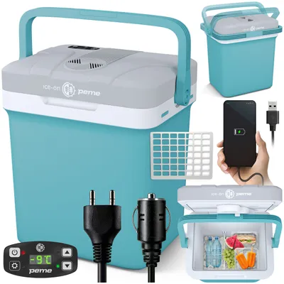 Produktbild von PEME Essential 23 Liter elektrische Kühlbox zum Kühlen und Warmhalten, 12/230V mobiler Kühlschrank, Eco-Modus, USB-Anschluss, für Camping und Auto