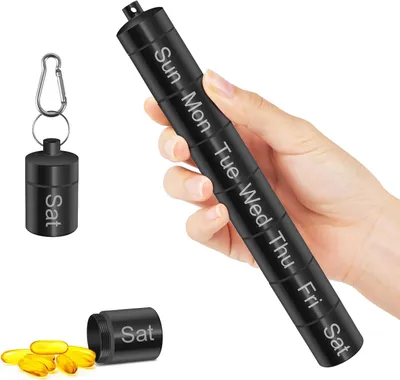 Produktbild von Tablettenbox 7 Tage, Aluminium Pillenbox Klein mit 7 Teilbaren Fächer,Wasserdichte Medikamentenbox mit Schlüsselanhänger Karabiner Kleine(Schwarz)