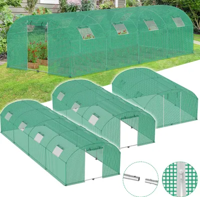 A collage of images showing a green greenhouse with a door and windows, set in a grassy outdoor environment. Close-up details of the greenhouse structure are also shown.