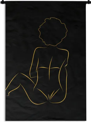 Produktbild von MuchoWow® Wandteppich Wandbehang Frau - Schwarz - Gold - Strichzeichnung 60x90 cm Tapisserie Dekoration Wandtuch - Foto-Teppich - Abwaschbar