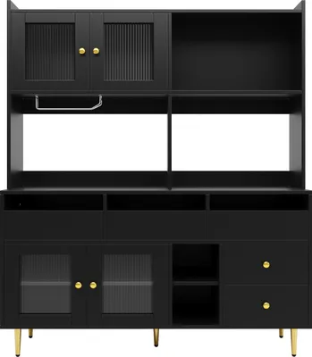 Produktbild von Flieks Küche Hochschränke Küchenbuffet mit Glastür, Küchenschränke Buffet mit Weingestell, Buffetschrank Highboard mit Offenen Staufächern, Schwarz