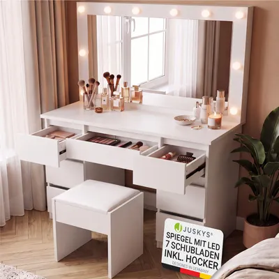 Produktbild von Juskys Schminktisch Lilia mit LED & Hocker Melly, 7 Schubladen & großem Spiegel – Weiß