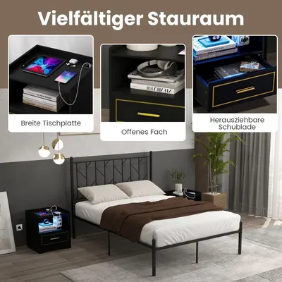 Obrázok produktu pre Nočný stolík s LED svetlom, USB portom a nabíjacou stanicou Type-C, nočný stolík s pohybovým senzorom, čierny