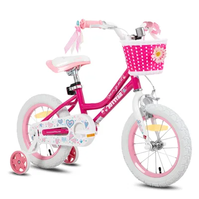 Produktbild von HILAND 12 Zoll Mädchen Kinderfahrrad mit Korb & Bändern, Vorderen Zangenbremse & Rückwärtige Pedalbremse, Stützräder, Rosa