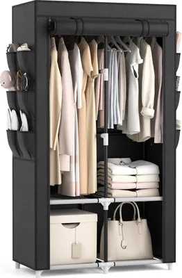 Productafbeelding van Draagbare garderobekast, stoffen kast voor hangende kleding met 4 planken, 2 kledingroeden en 6 vakken. Kast met afdekking voor de slaapkamer